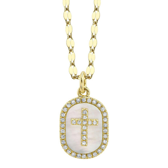 Shy Creation Mother of Pearl and Diamonds Oval Cross Necklace