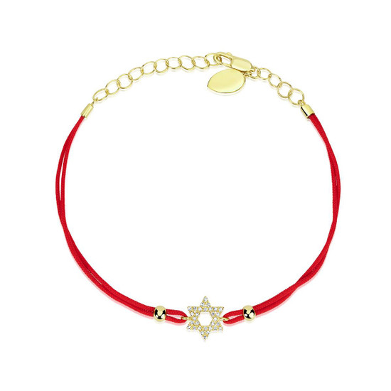 Meira T Yellow Gold and Diamonds Star of David Red Cord Bracelet