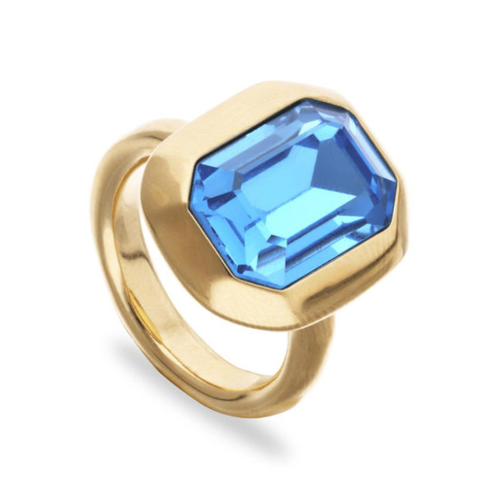 UNOde50 Rectangular Ring with Faceted Blue Crystal - Gold 