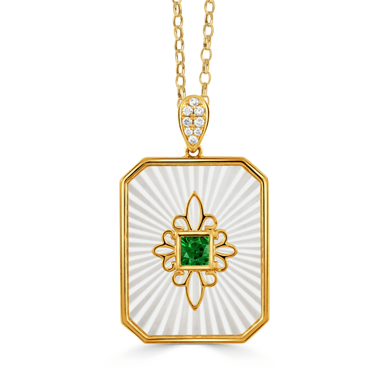 Ondelle Rectangular Pendant Carved Mother of Pearl and Tsavorite