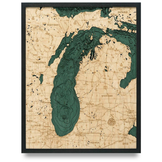 Nautical Wood Maps Lake Michigan - Large - Dark Frame