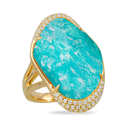 Doves by Doron Paloma Large Asymmetrical Amazonite and Diamond Gold Ring Doves by Doron Paloma Large Asymmetrical Amazonite and Diamond Gold Ring