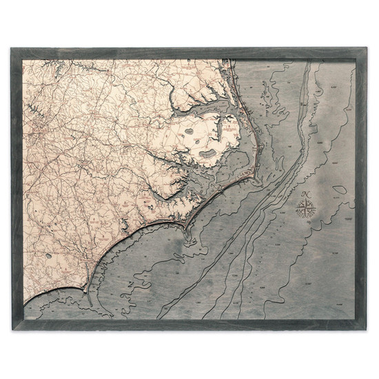 Nautical Wood Maps North Carolina Coast - Grey Frame 