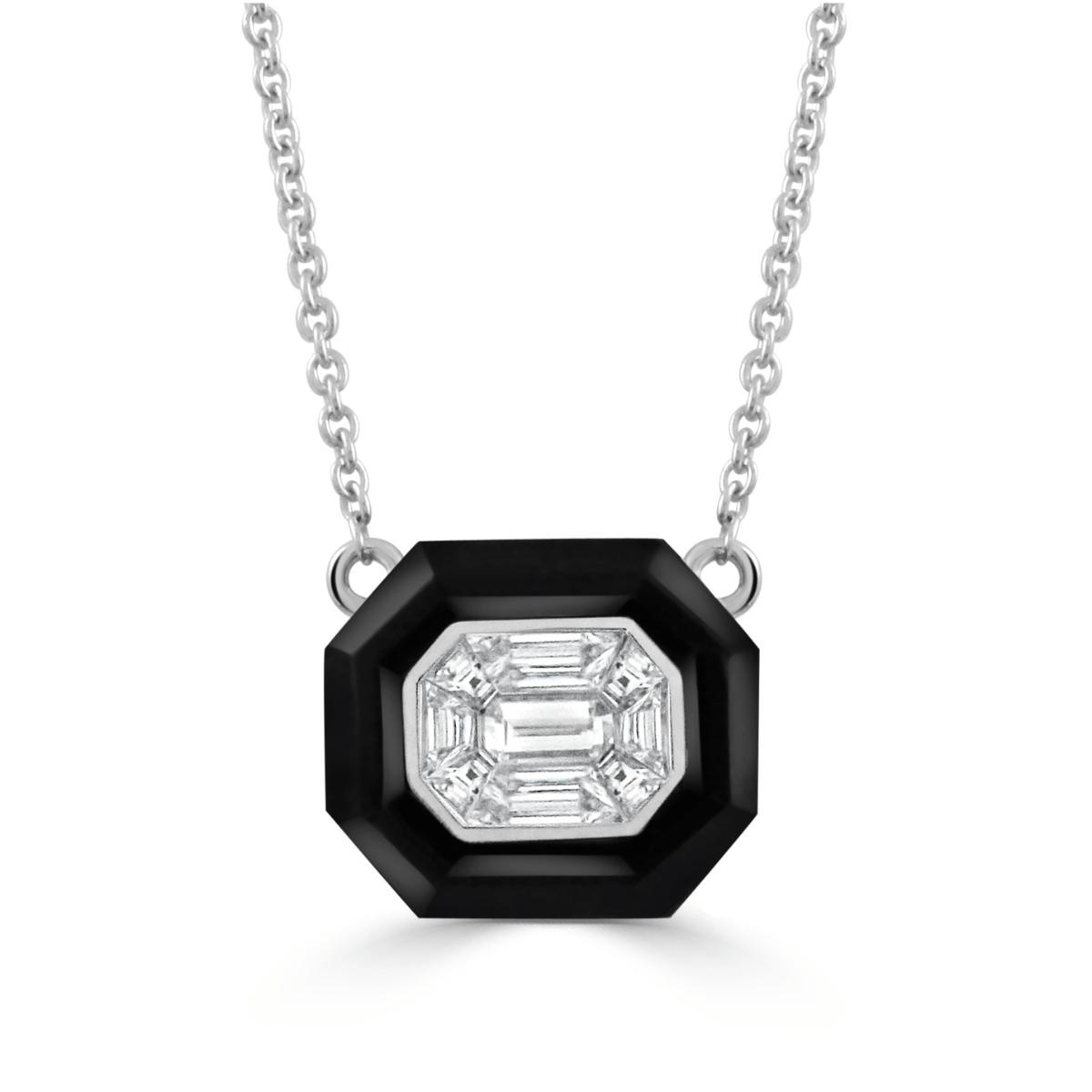 18KT White Gold Invisible Set Diamond Pendant Necklace with Black Onyx ...