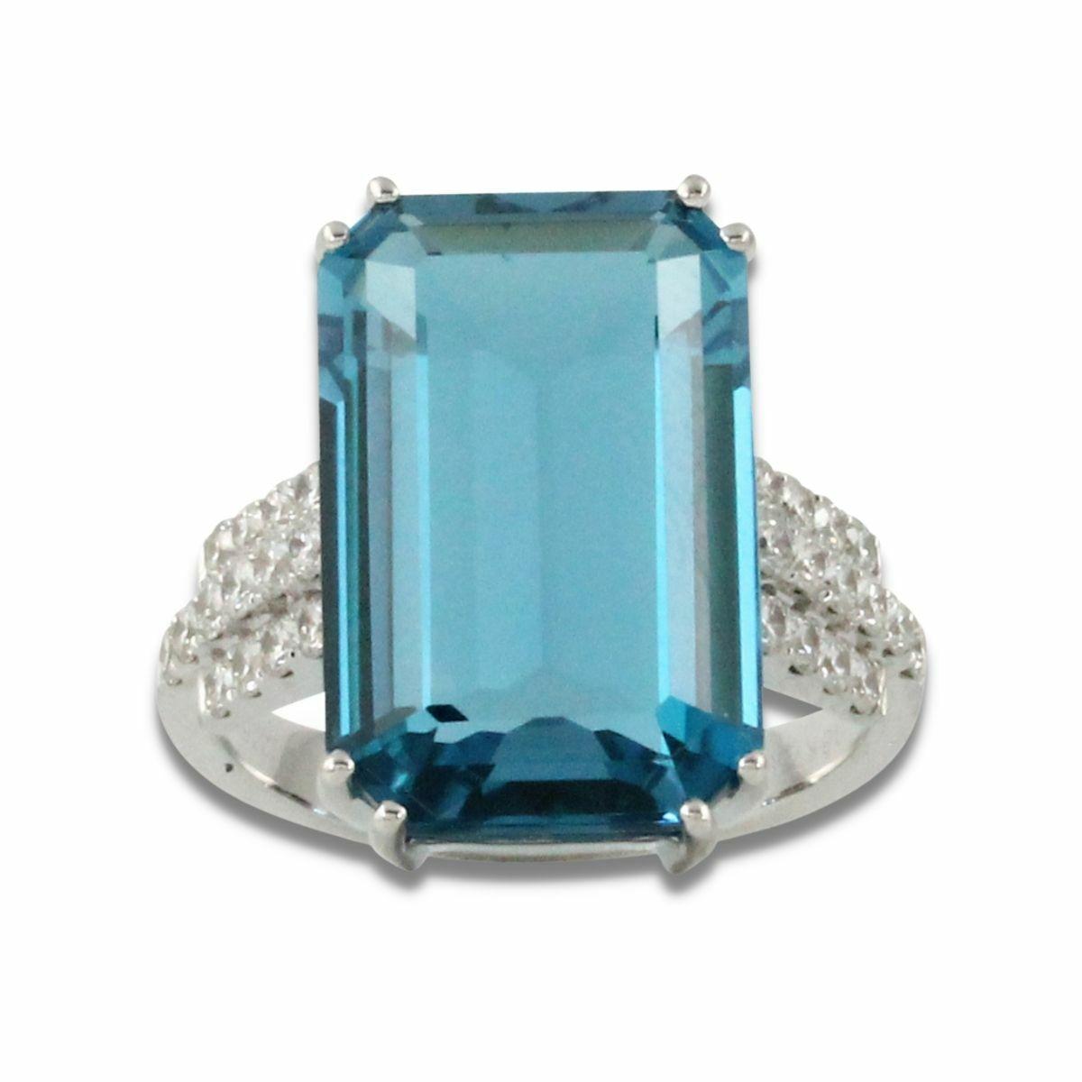 Doves: Emerald Cut London Blue Topaz Diamond White Gold Ring