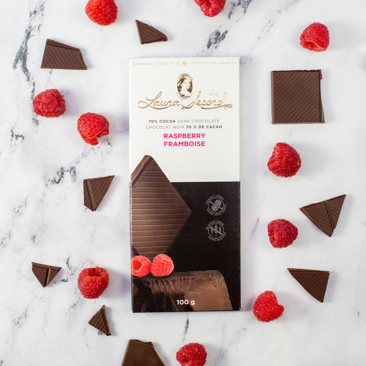 Dark Chocolate 70 % & Raspberry Bar 100 g [87041] - Laura Secord