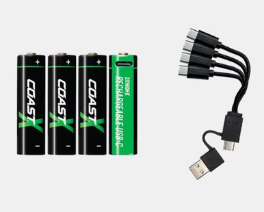 Coast 4pk AAA Zithion-X Rechargable Batteries & USB-A/C Cable