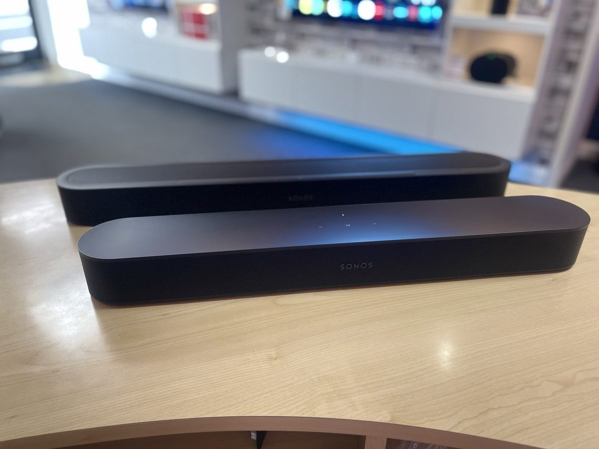 Sonos Beam Gen 2 in front of the new Sonos Beam Ultra, showing the difference in size and design