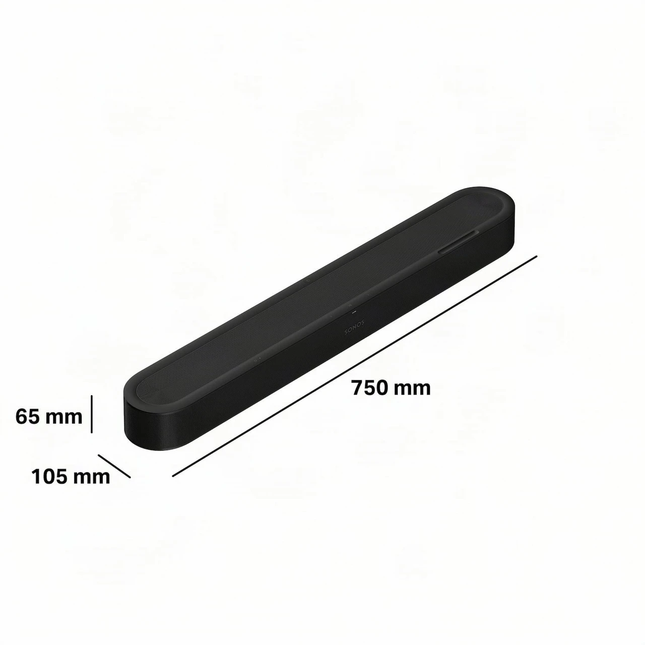 Sonos Beam Ultra soundbar dimensions diagram showing 750mm width, 65mm height, 105mm depth