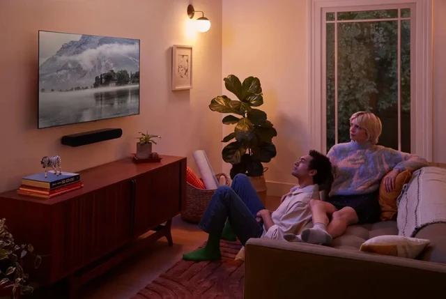 TV and Sonos soundbar set up on TV furniture
