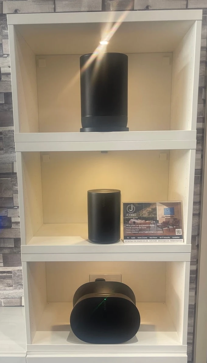 Sonos speakers in black on demo at Jennings Sound & Vision, Fleet