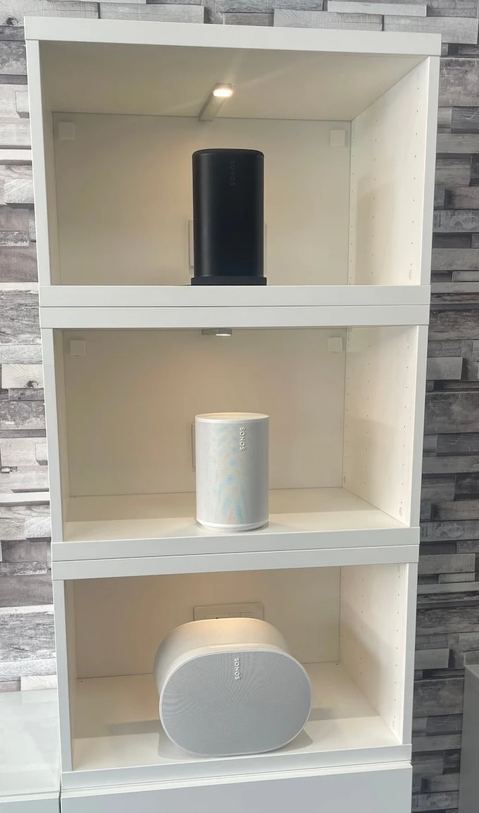 Sonos speakers in white on demo at Jennings Sound & Vision, Fleet