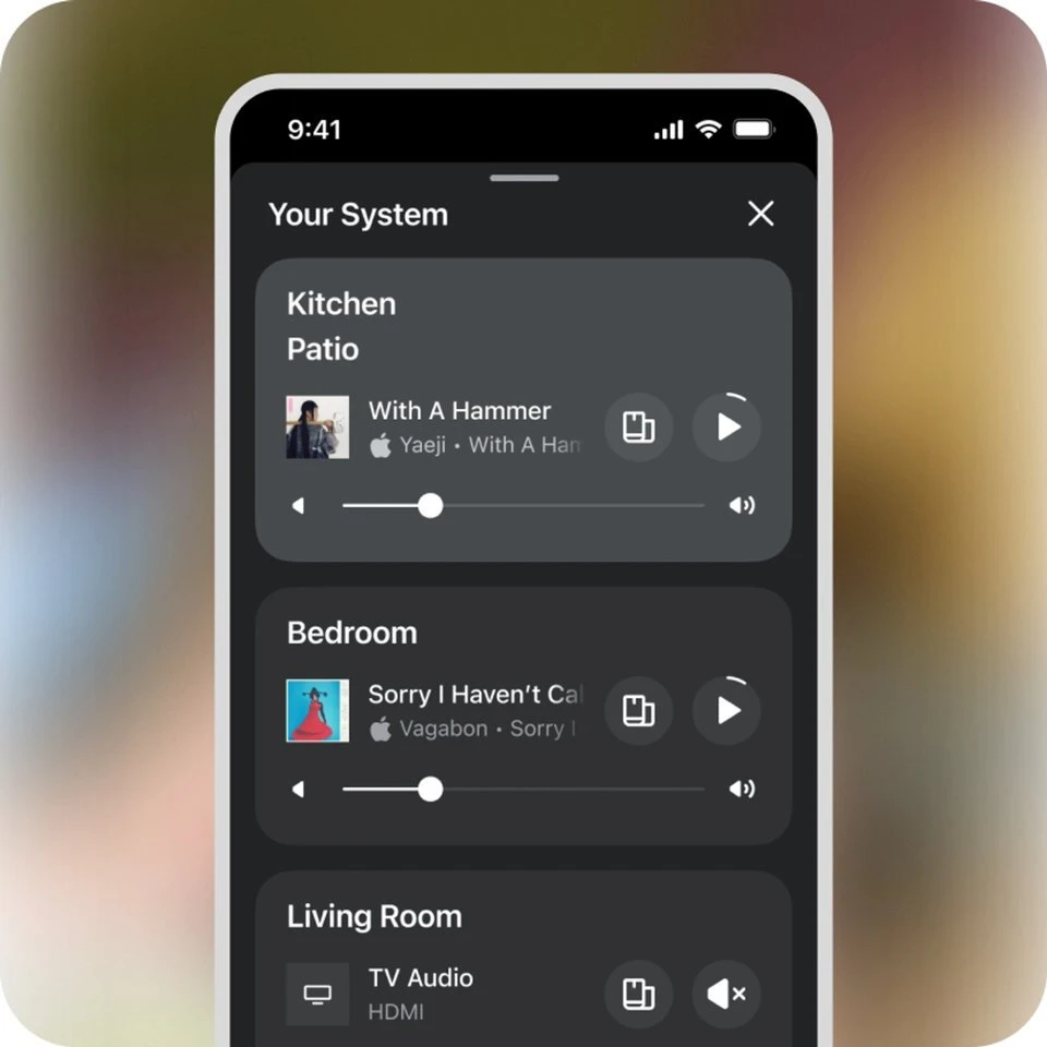 The Sonos app showing music playing in different rooms