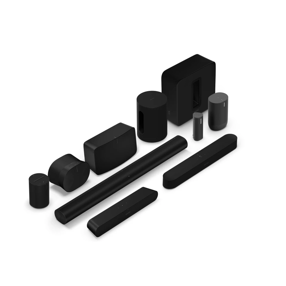 The Sonos range of soundbars, subwoofers and speakers in black
