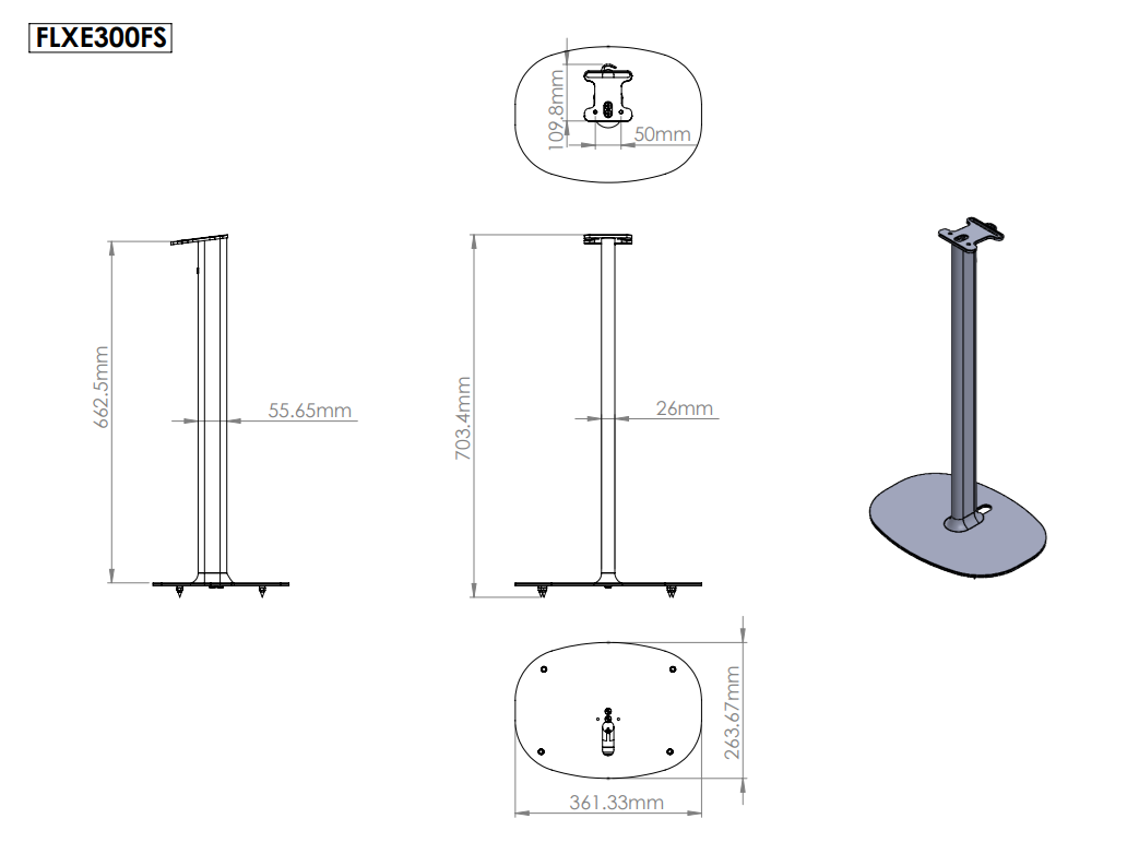 Flexson speaker stand for Sonos ERA 300 smart speaker showing key dimensions
