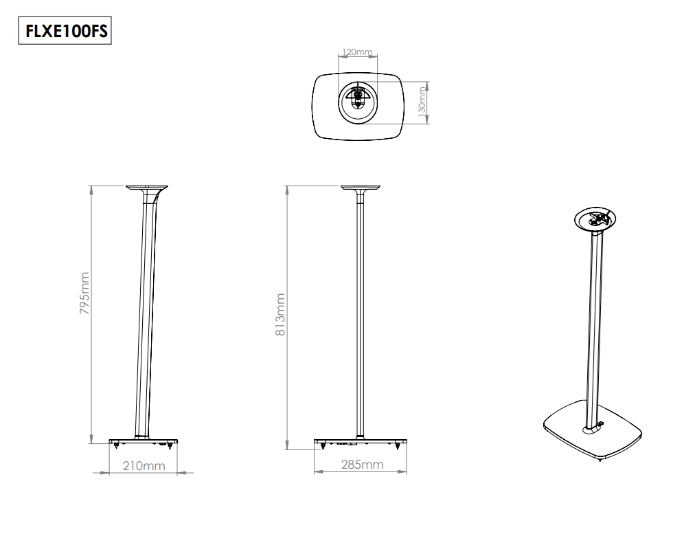 Flexson FLXE100FS1021 & FLXE100FS1011 speaker stand line drawing for Sonos ERA 100 speaker