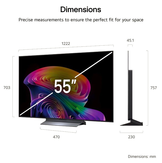 LG OLED55C66LB dimensions — width 1222mm height 703mm depth 45mm