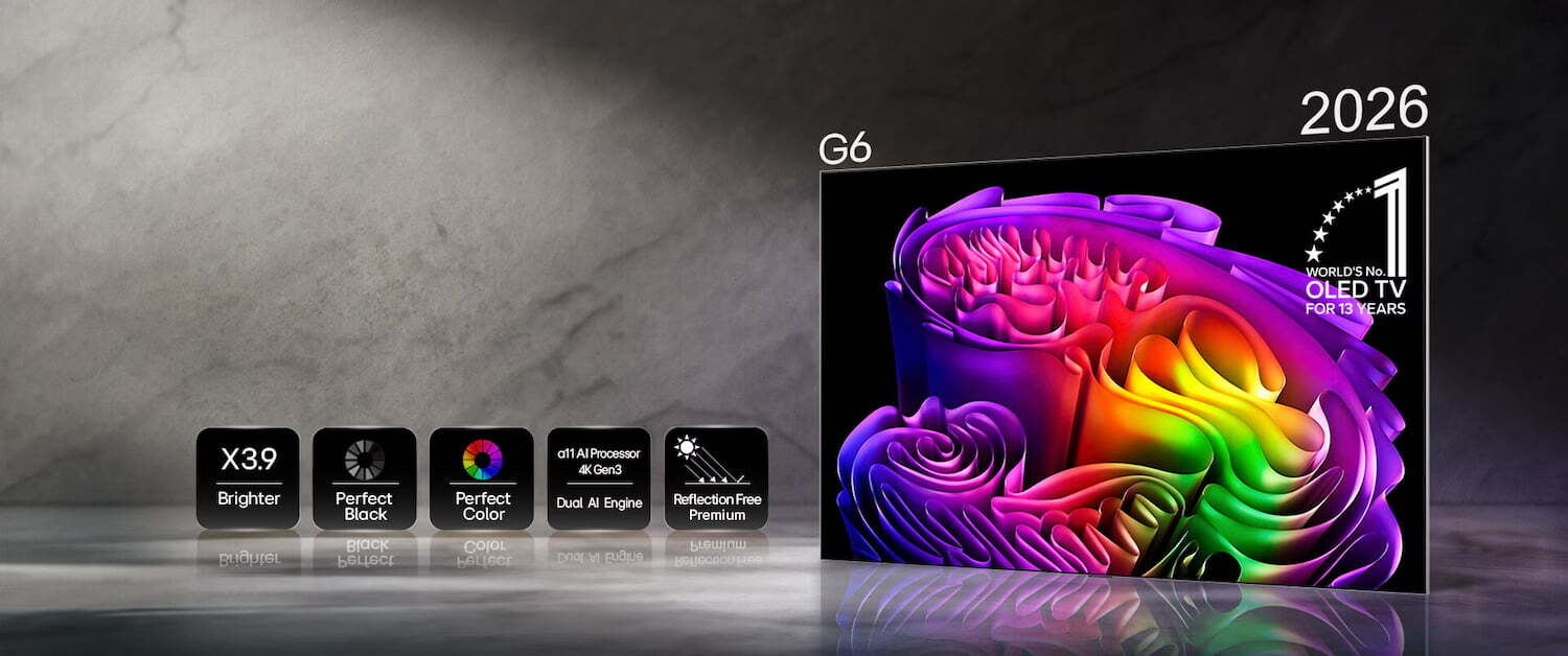 LG OLED G6 2026 — Hyper Radiant Colour Tech: X3.9 Brighter, Perfect Black, Perfect Colour, Alpha 11 AI Processor Gen3 Dual AI Engine, Reflection Free Premium