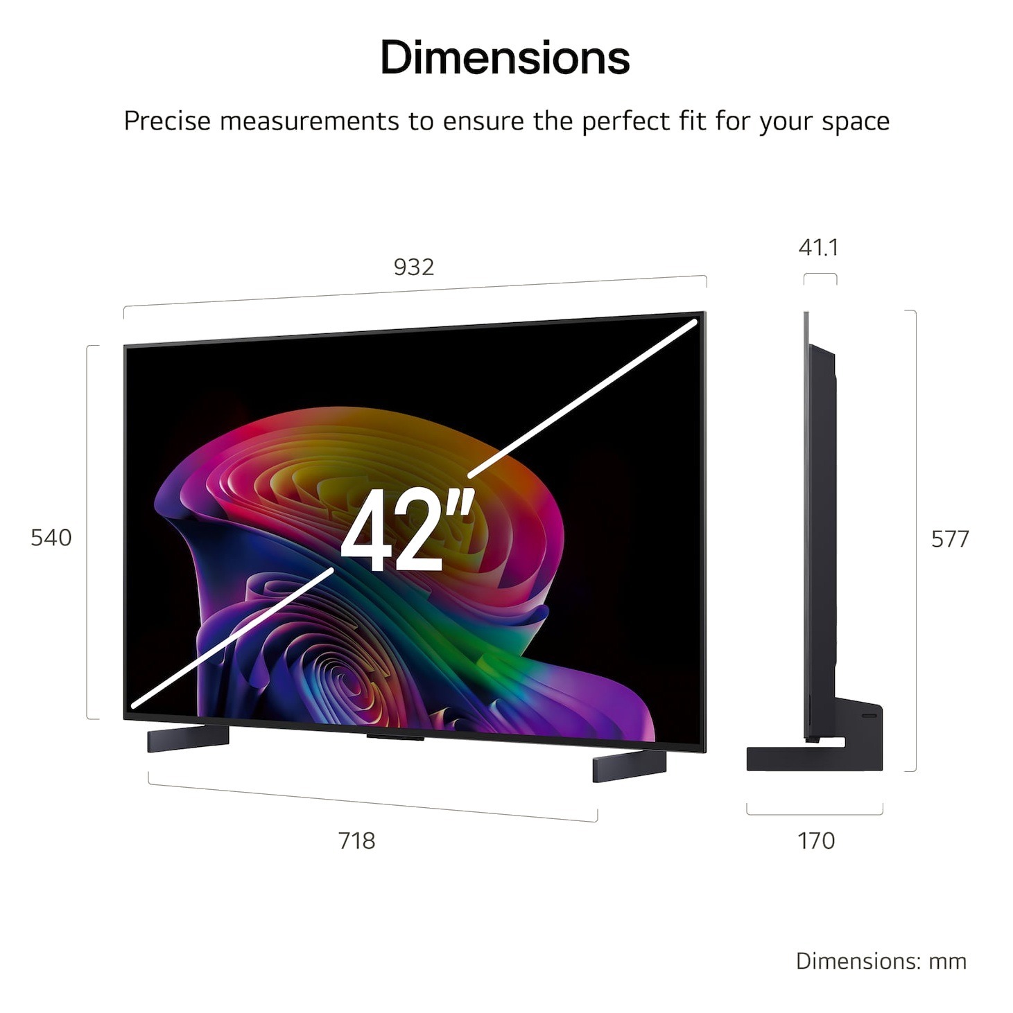 LG OLED42C66LB 42 inch OLED evo AI 4K Smart TV 2026 — dimensions: 932 x 540 x 41.1mm without stand, stand width 718mm, height with stand 577mm
