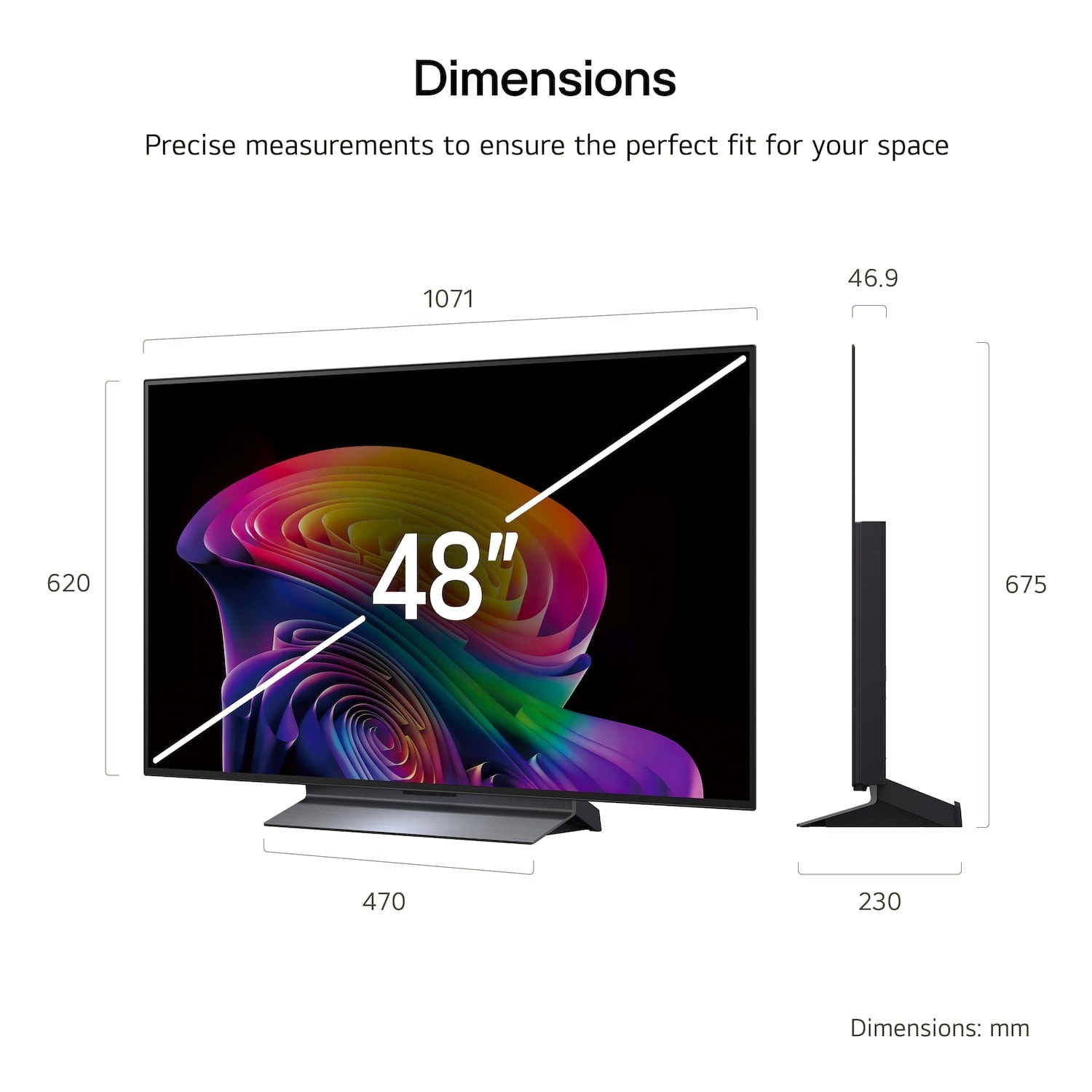 LG OLED48C66LB 48 inch OLED evo AI 4K Smart TV 2026 — dimensions: 1071 x 620 x 46.9mm without stand, stand width 470mm, height with stand 675mm