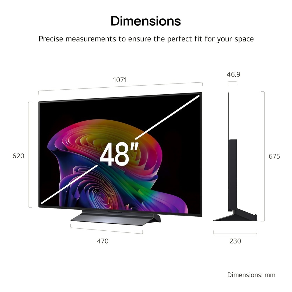 LG OLED48G66LS 48 inch OLED evo AI 4K Smart TV 2026 — dimensions: 1071 x 620 x 46.9mm without stand, stand width 470mm, height with stand 675mm, depth with stand 230mm