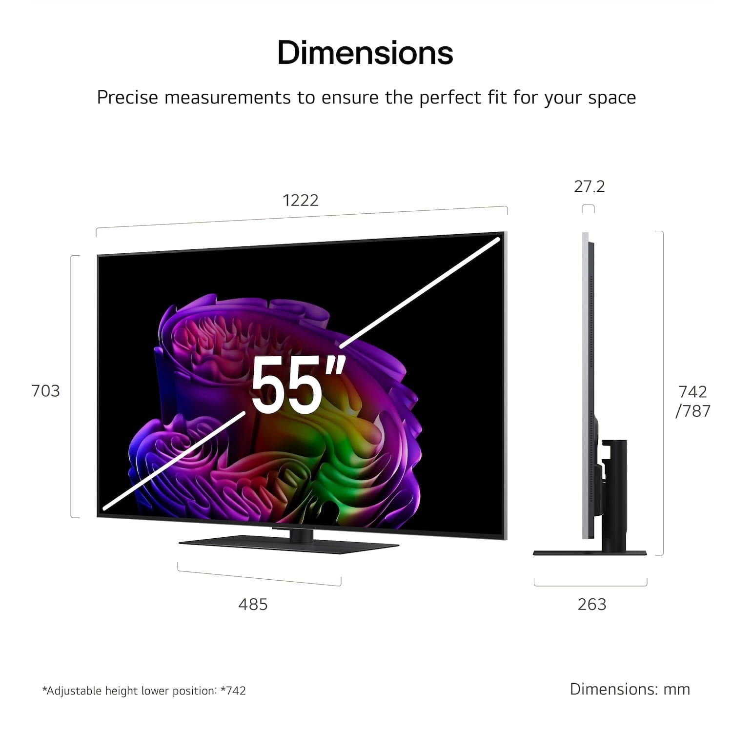 LG OLED55G66LS 55 inch OLED evo AI 4K Smart TV 2026 — dimensions: 1222 x 703 x 27.2mm without stand, stand width 485mm, adjustable height 742mm to 787mm with stand, depth 263mm
