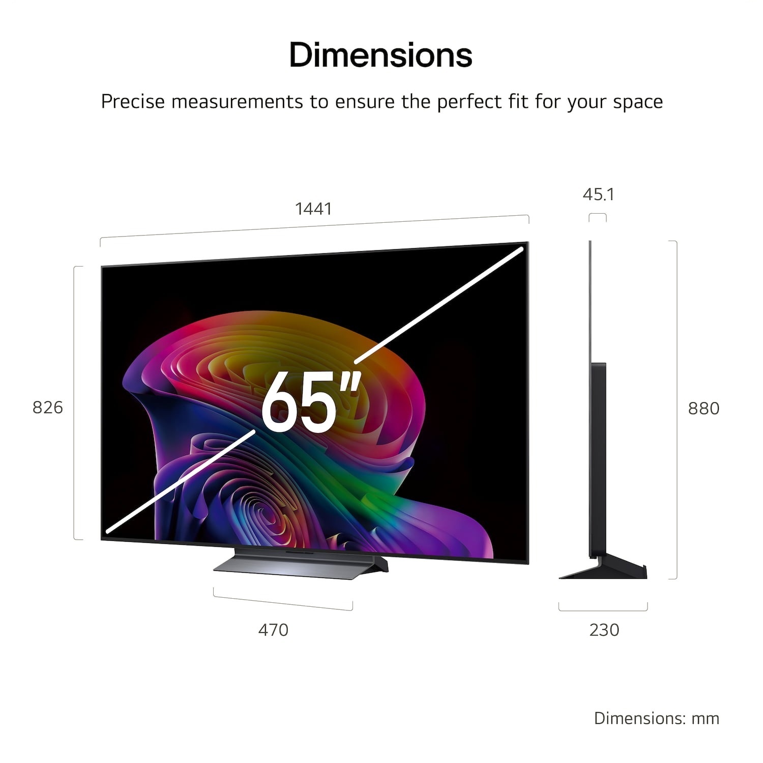 LG OLED65C66LB 65 inch OLED evo AI 4K Smart TV 2026 — dimensions: 1441 x 826 x 45.1mm without stand, stand width 470mm, height with stand 880mm