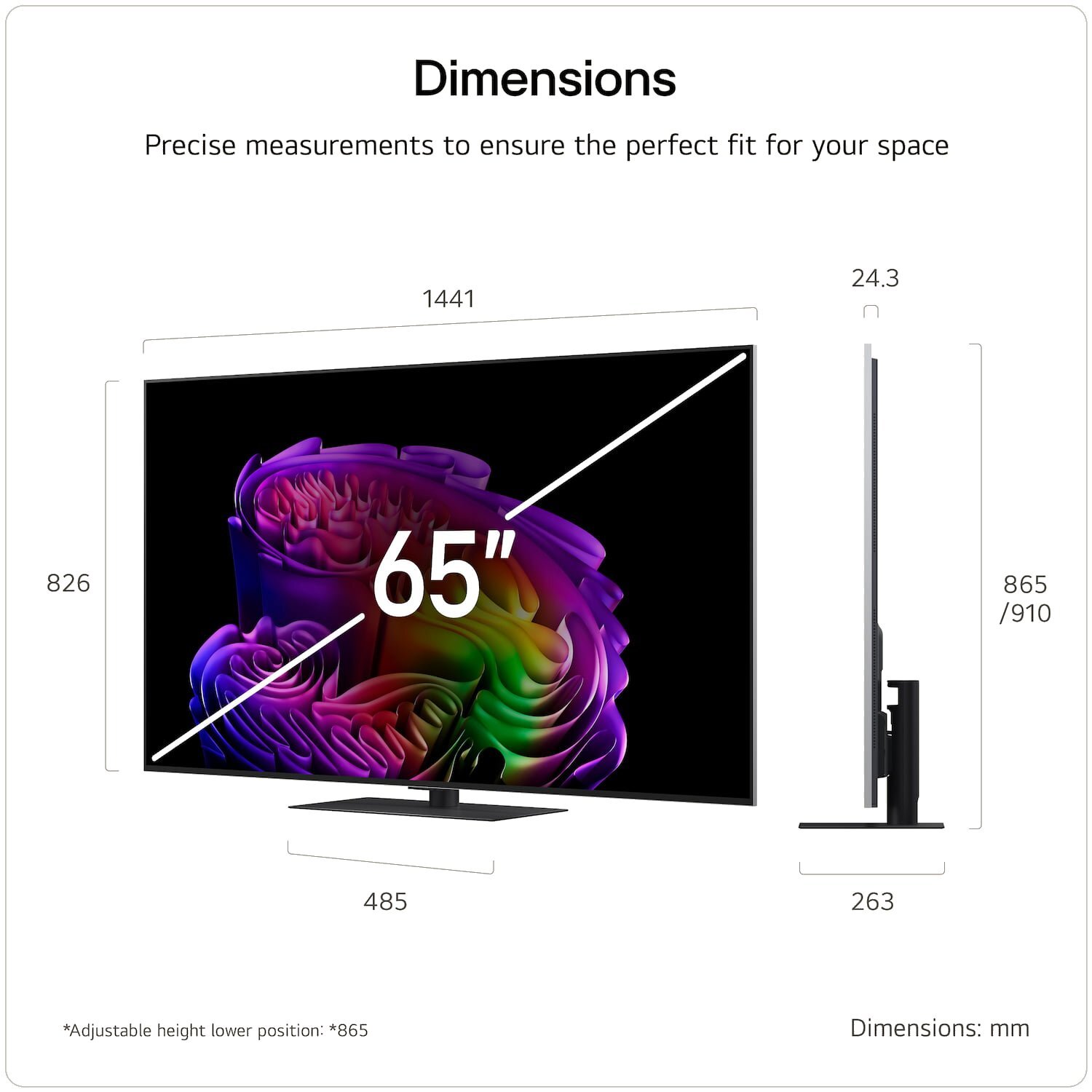 LG OLED65G66LS 65 inch OLED evo AI 4K Smart TV 2026 — dimensions: 1441 x 826 x 24.3mm without stand, stand width 485mm, adjustable height 865mm to 910mm with stand, depth 263mm
