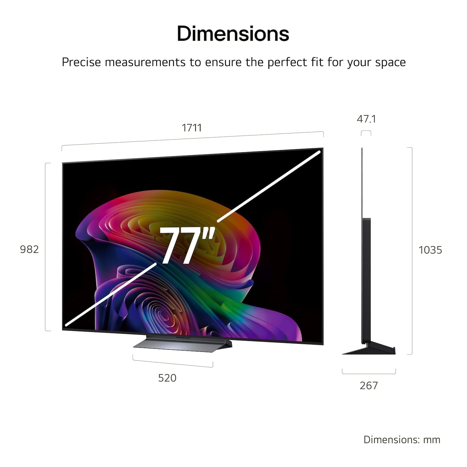 LG OLED77C66LB 77 inch OLED evo AI 4K Smart TV 2026 — dimensions: 1711 x 982 x 47.1mm without stand, stand width 520mm, height with stand 1035mm