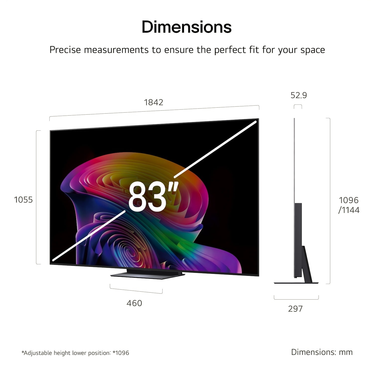 LG OLED83C66LB 83 inch OLED evo AI 4K Smart TV 2026 — dimensions: 1842 x 1055 x 52.9mm without stand, stand width 470mm, height with stand 1096 or 1144mm