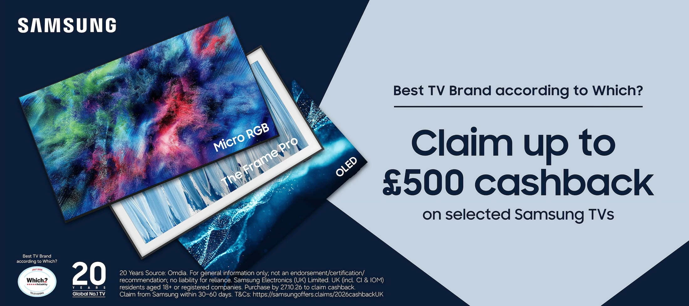 Samsung Autumn Cashback 2026 – Claim up to £500 cashback on selected Samsung Micro RGB, The Frame Pro and OLED TVs at Jennings Sound & Vision, Fleet