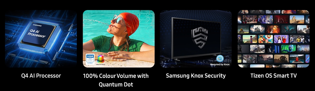 Samsung QE55Q7F5 TV key features including Q4 AI Processor, 100% Colour Volume with Quantum Dot, Samsung Knox Security & Tizen OS Smart TV