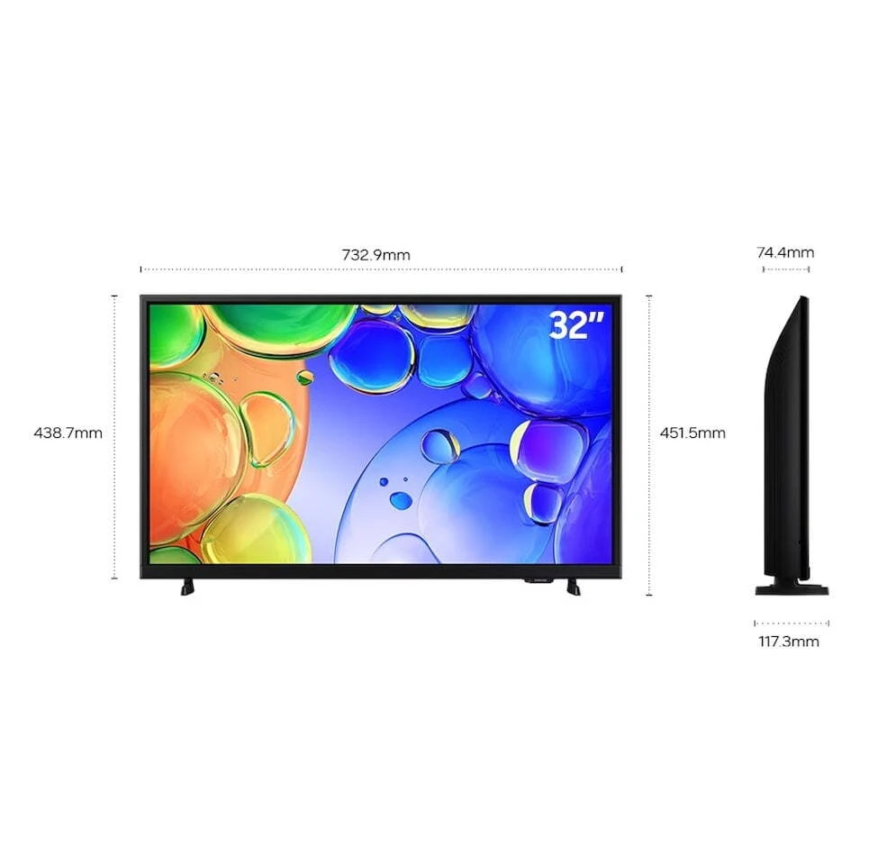 Samsung QE32Q5F dimensions diagram: 732.9mm width, 438.7mm height without stand, 451.5mm with stand, 74.4mm depth, 117.3mm stand depth