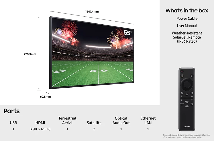 Samsung QE55LST7DA The Terrace 55 Inch Outdoor TV Dimensions and connectivity detail