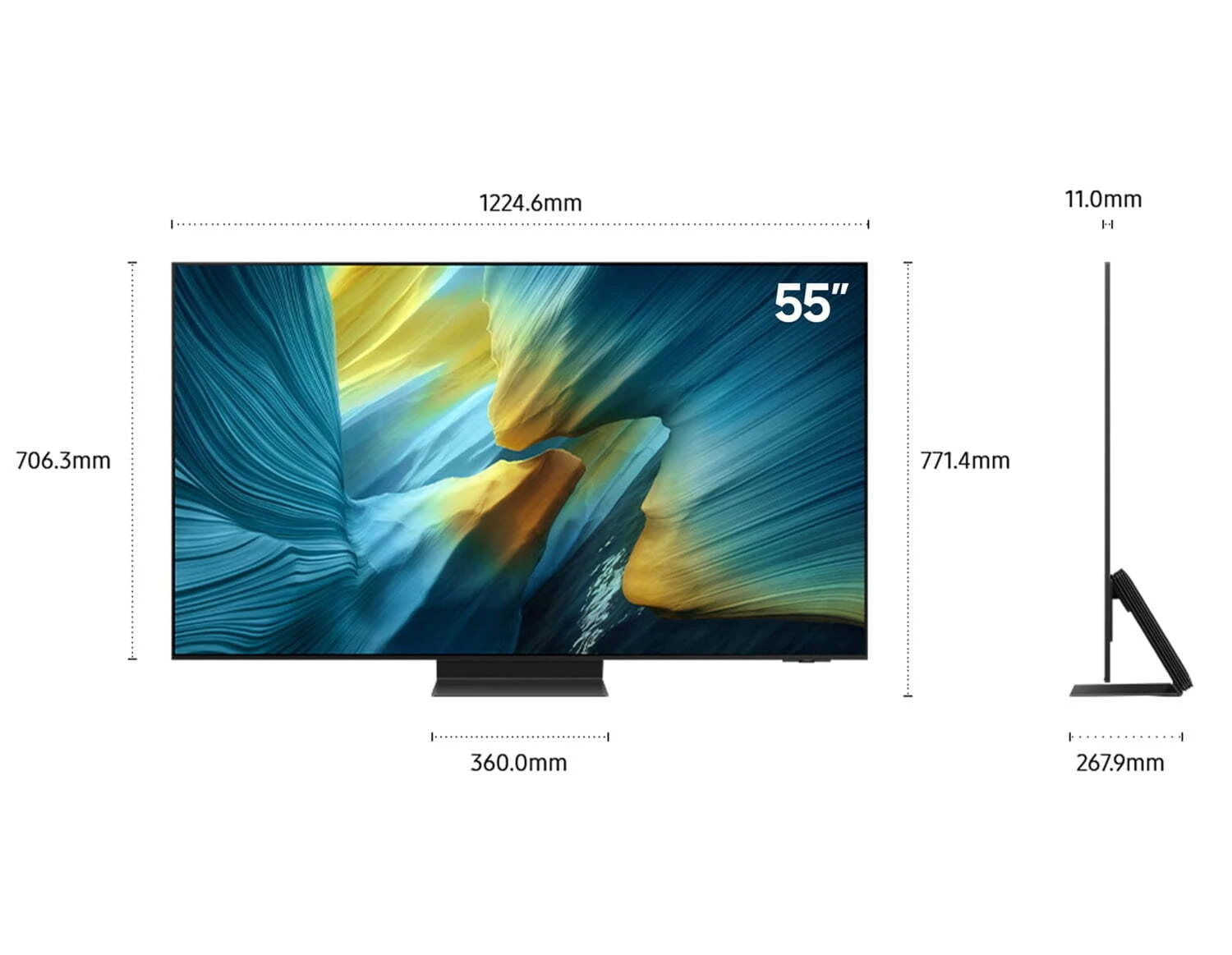 Samsung QE55S95H dimensions diagram — 1224.6mm width, 706.3mm height without stand