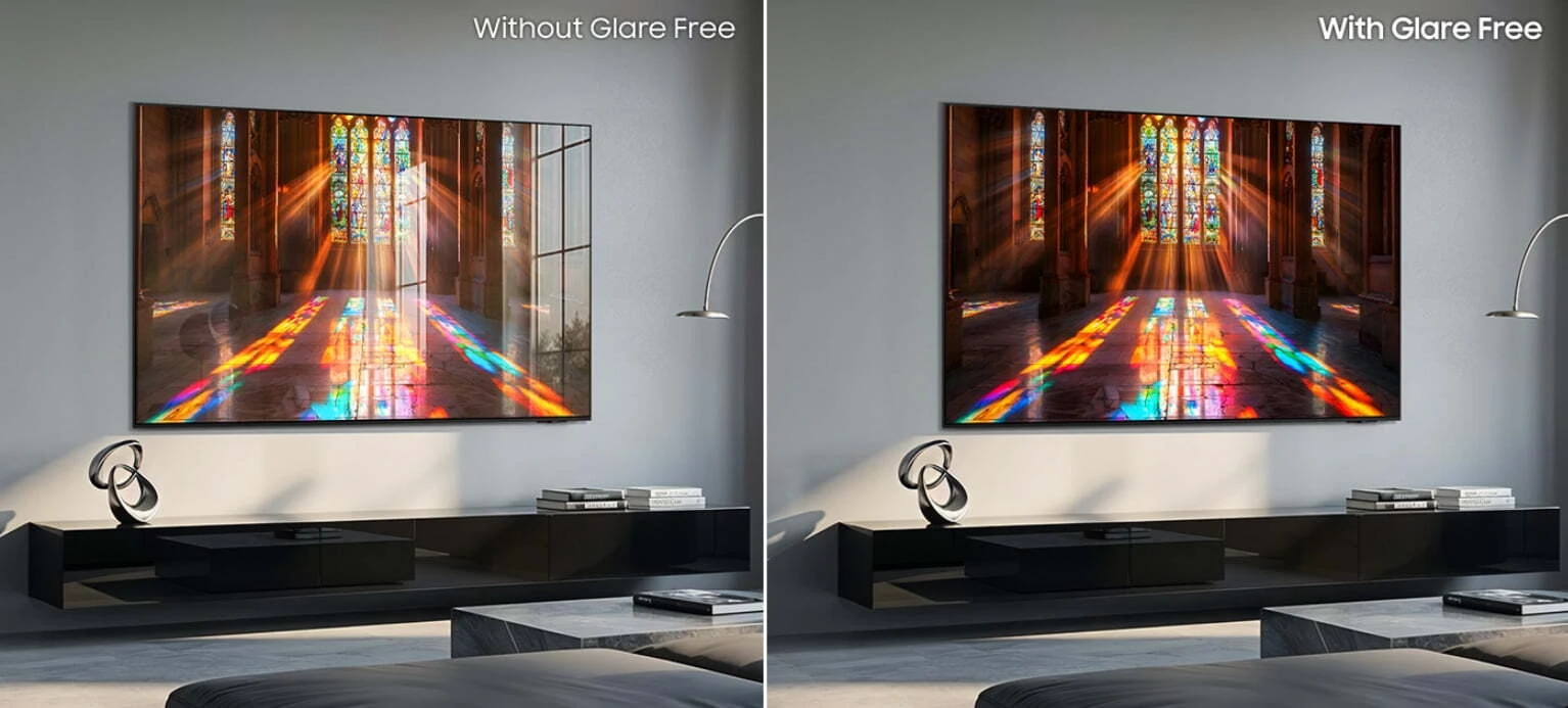 Samsung S95H Glare Free comparison — with and without Glare Free screen technology