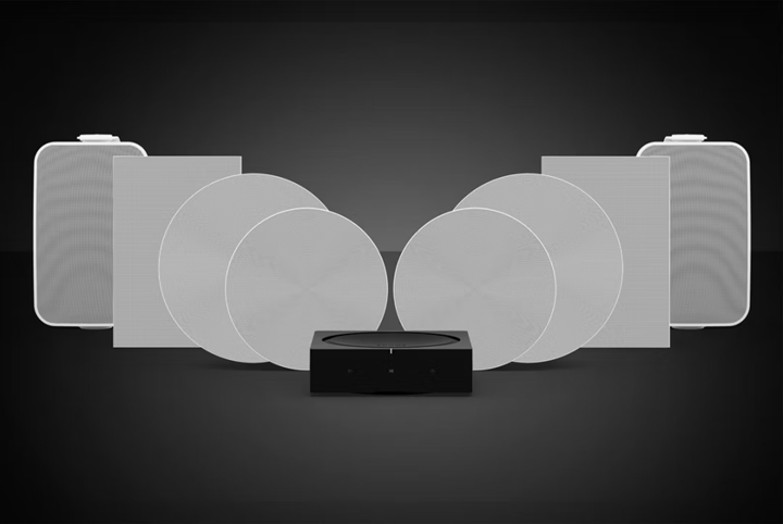 Sonos In Ceiling, In Wall and Outdoor Speakers shown together with Sonos Amp 