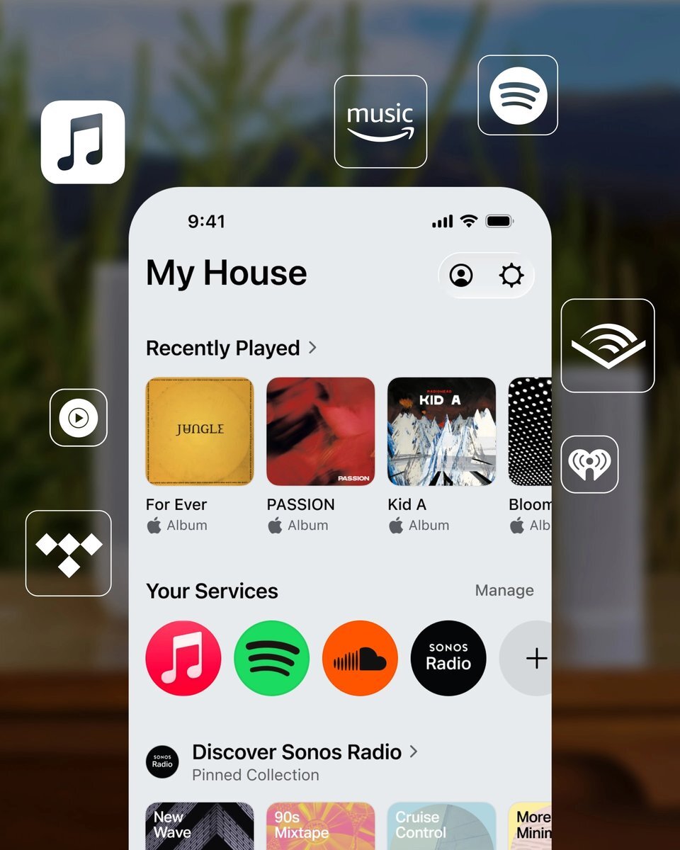 The Sonos app home screen showing recently played music and connected services including Apple Music and Spotify