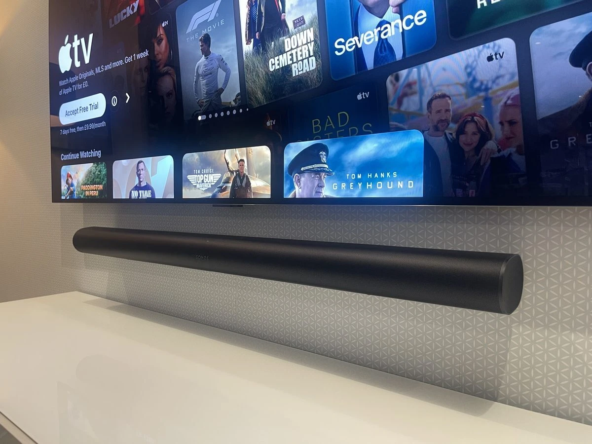 Sonos Arc Ultra wall-mounted beneath a TV on demo in the Jennings showroom, Fleet
