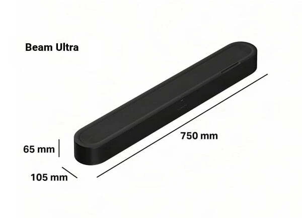 Sonos Beam Ultra soundbar dimensions: 750 mm wide, 65 mm high, 105 mm deep