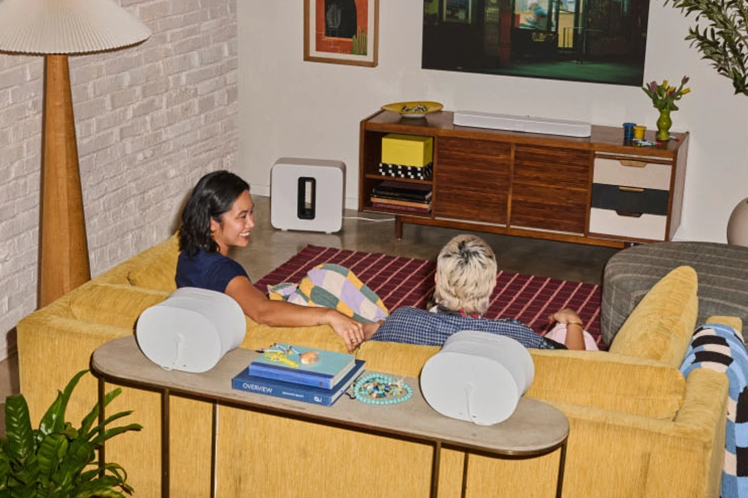 Sonos Beam Ultra soundbar with Sonos Sub 4 and ERA 300 surround speakers in a living room