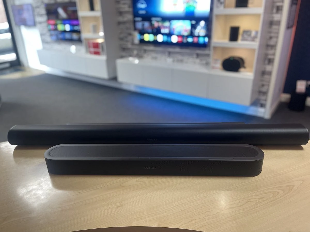 Sonos Beam Ultra in front of Arc Ultra, showing the difference in width