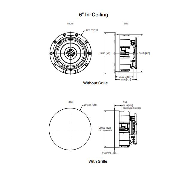 Sonos INCLGWW1 6" In-Ceiling Speakers showing detailed dimensions