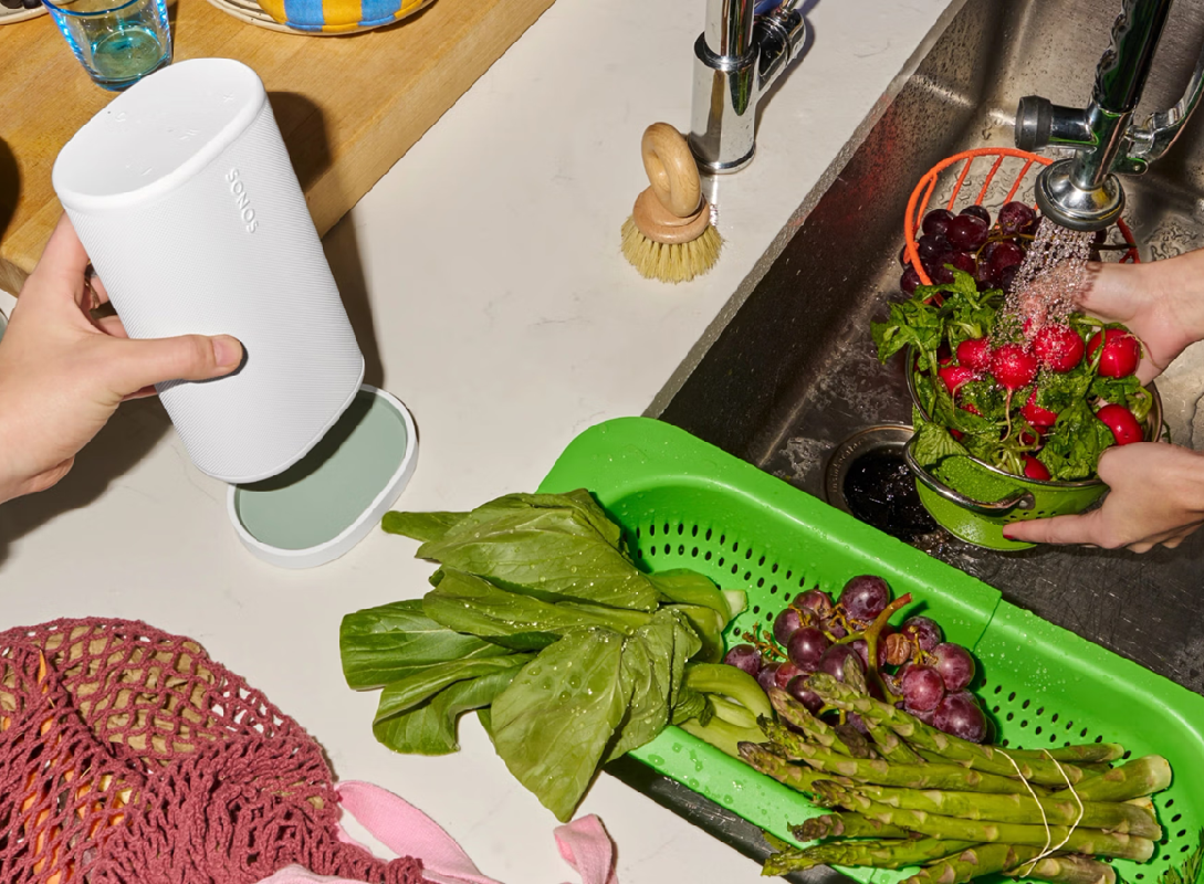 Sonos Play is easy to recharge with the supplied charging base - shown on a kitchen worktop