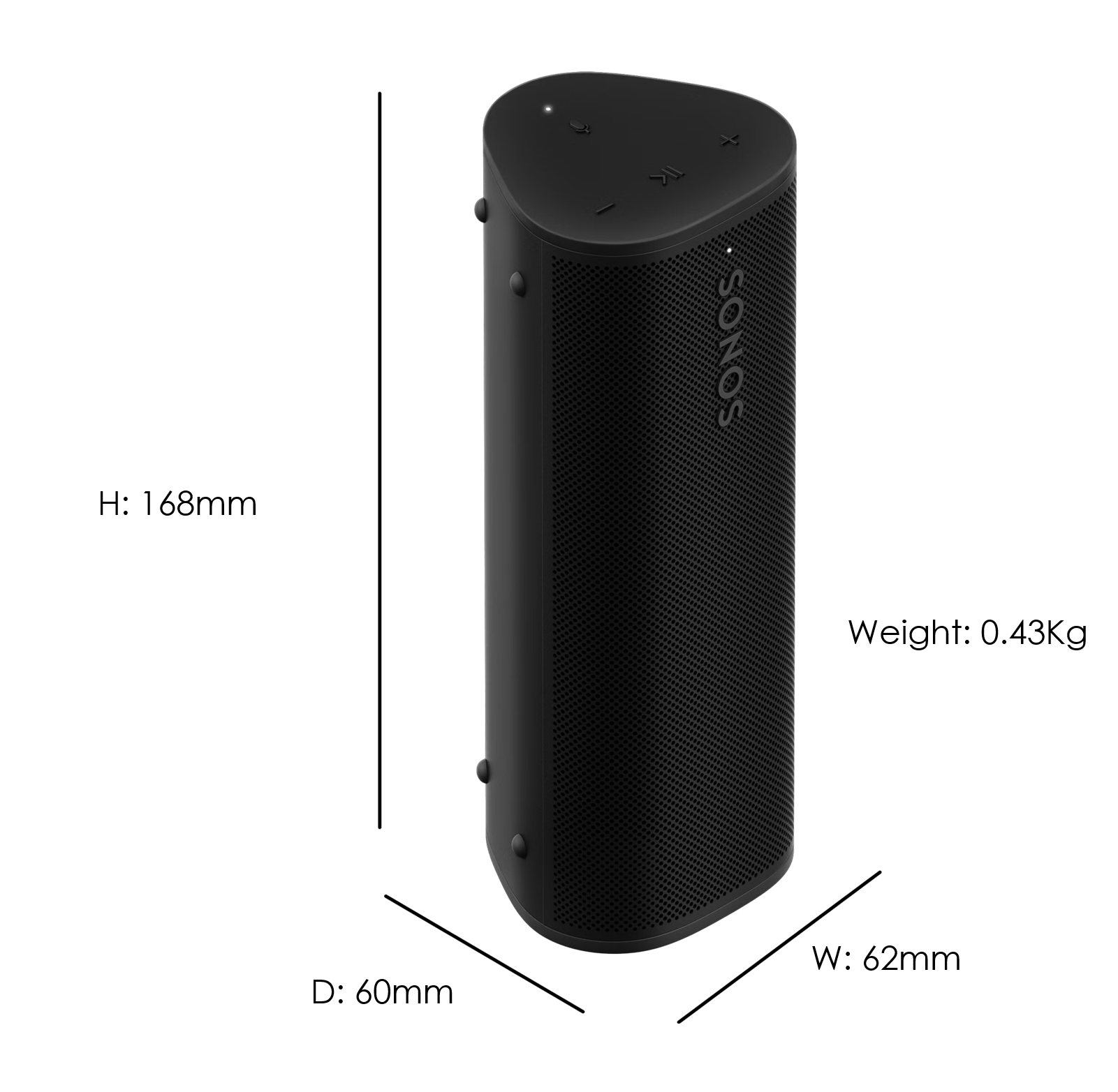 Sonos Roam 2 Portable Bluetooth WiFi Speaker showing dimensions in mm