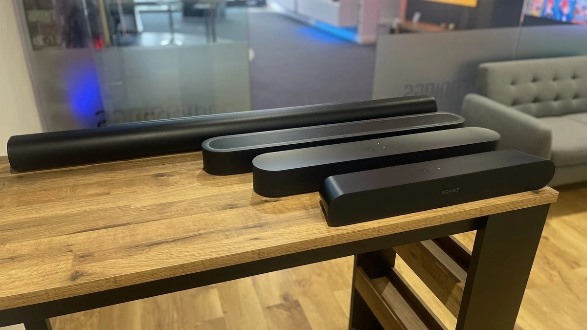 Size comparison of the Sonos soundbar range, from Arc Ultra down to Ray, photographed in the Jennings showroom in Fleet