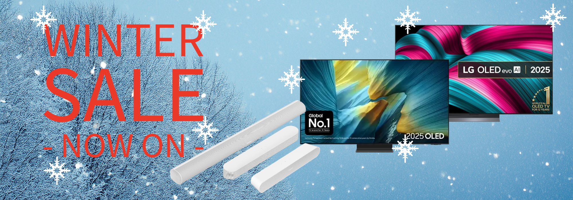 Winter Sale Now On. Savings on LG OLED TVs, Sonos Speakers, Sonos Soundbars, Samsung OLED TVs
