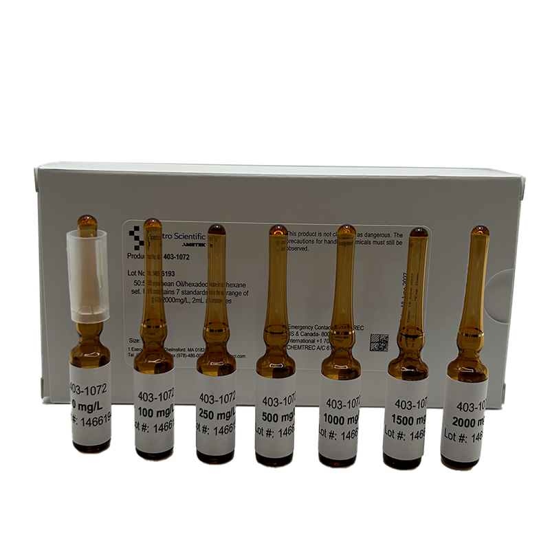 Hexane TOG/FOG Six Point Calibration Standard Set: 50:50 Soybean Oil/Hexadecane in N-Hexane