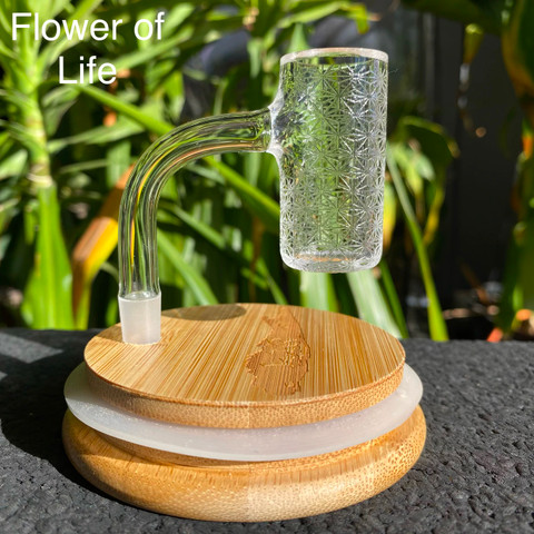 Flower of Life Etched Beveled Edge Quartz Banger: 14mm Male 90 Degree