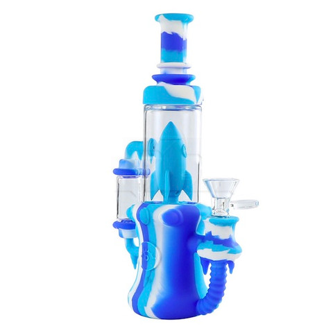 9" Silicone Recycler Bong / Dab Rig: Rocket Ship 9" Blue and White